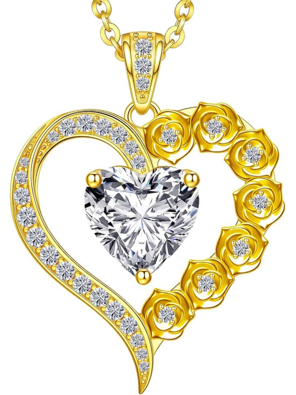 Romantic 2-3 Carat Moissanite Heart & Rose Pendant Necklace